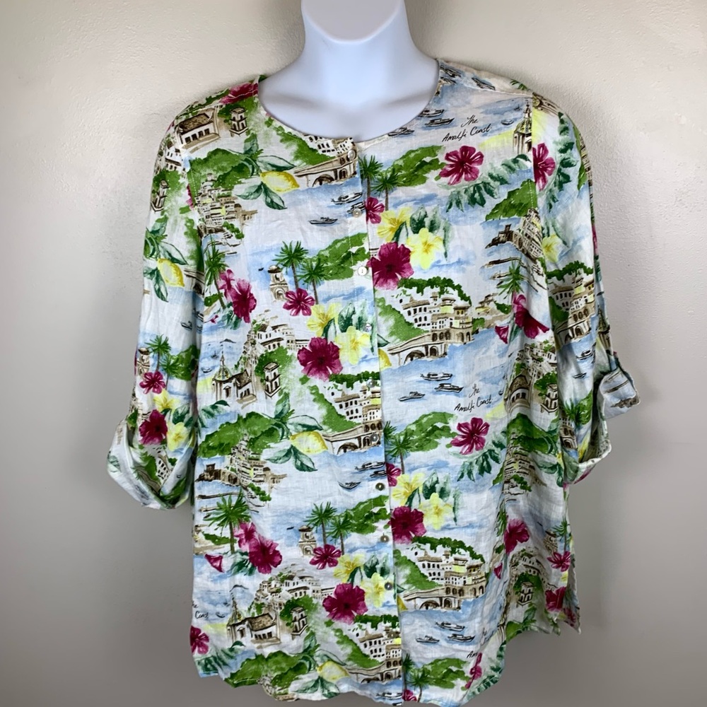 CYNTHIA ROWLEY Blouse Women’s 1X 100% Linen Tunic‎ Button Up Amalfi Coast Print